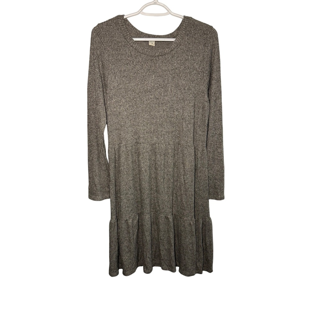 Lazy Sundays Ribbed Tiered Long Sleeve‎ Dress Gray Womens Medium Cozy Neutral